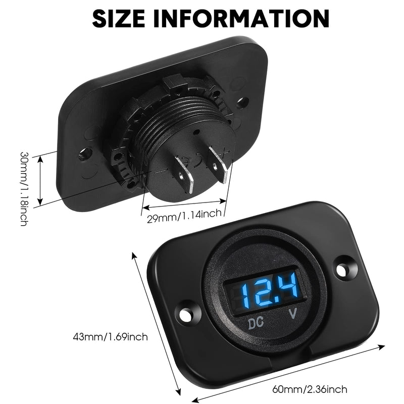 BBTO 2 Pcs DC 12V 24V Waterproof Car Voltmeter with LED Digital Display Panel and Mounting Plate Round Voltage Gauge Meter with Terminal for Boat Marine Vehicle Motorcycle Truck ATV UTV (Blue Light) Blue Light