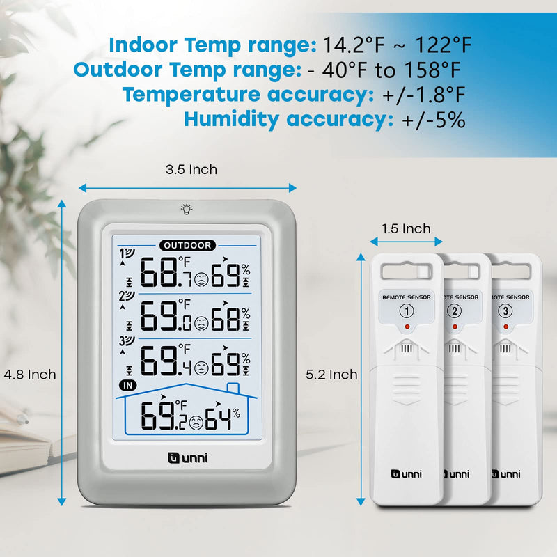 Indoor Outdoor Thermometer Wireless, 4.5 Inch Display Digital Hygrometer Thermometer Temperature Humidity Monitor with 330ft Range Sensor and Adjustable Backlight White