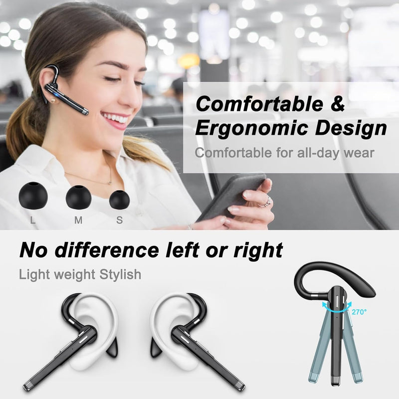 YYK520 Bluetooth 5.4 Wireless Headset with Mic, Noise Cancelling Earpiece, 100H Battery, Rotatable Earhook, Hands-Free Mute Button, IP55 Waterproof Headphone for Driving, Work & Business Calls