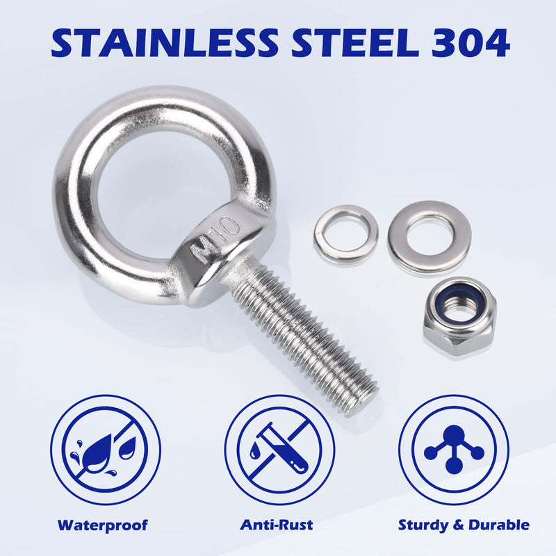 Eye Bolts with Nuts, M10 8Pcs EyeBolts 304 Stainless Steel Machinery Shoulder Lifting Ring Eye Bolt Heavy Duty Screws Bolt with Lock Nuts & Lock Washers, Flat Washers - Thread Length 35mm M10, 8 Pack