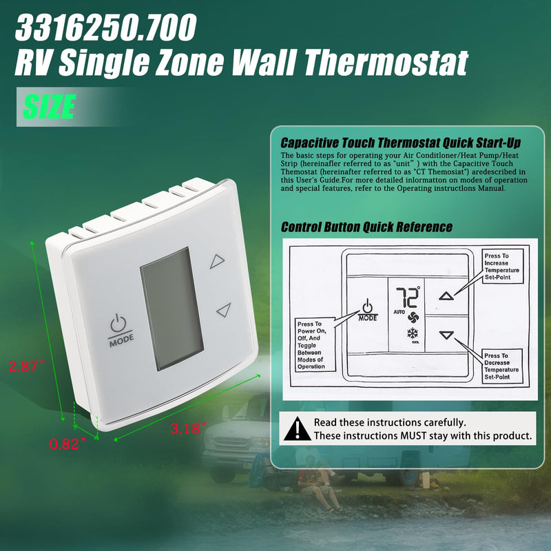 White 3316250.700 RV Single Zone Wall Thermostat for Dometic RV/Camper Conditioners, Three Input Areas, Bright Blue Backlight Self-extinguishing w/Digital Temperature Display, Cool/Furnace/Heat Strip