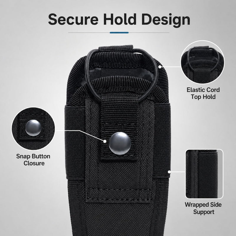 Walkie Talkie Radio Pouch, Black Two Way Radio Holder Case with Snap Button Strap and Elastic Cord, Compact Carry Pouch for Security Patrol, Warehouse, Outdoor Hiking, Event Staff