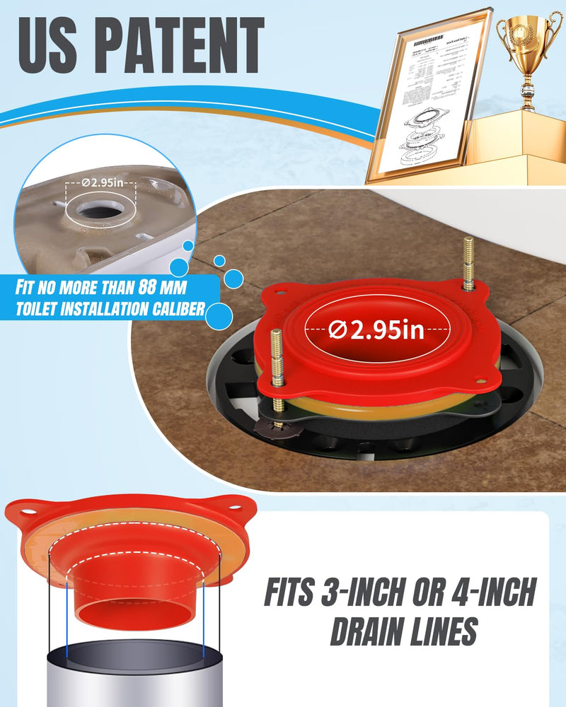 Universal Toilet Flange Repair Kit TF02-RI – Includes Flange, Elastic Wax Ring Gasket & Waterproof Sealing Tape with Brass Bolts, Better Than Toilet Wax Seal, Double Sealing Protection Flange+Caps+Tape Red