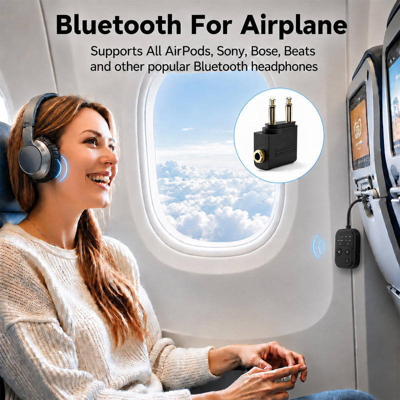 Bluetooth 6.0 Audio Transmitter Receiver, Airplane Bluetooth Adapter for TV | Dual Link for 2 Headphones, Qualcomm aptX LL, HD, 3.5mm AUX Audio Transmitter for Flight Trave, Gym, Low Latency, Black