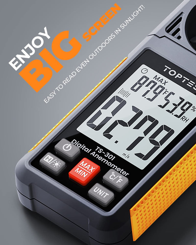 TopTes TS-301 Digital Anemometer, Wind Speed Meter with 2.26-inch Big Backlight LCD Screen, Air Flow Meter for Sailing Surfing Drone Flying RC Plane Golf Shooting HVAC Orange