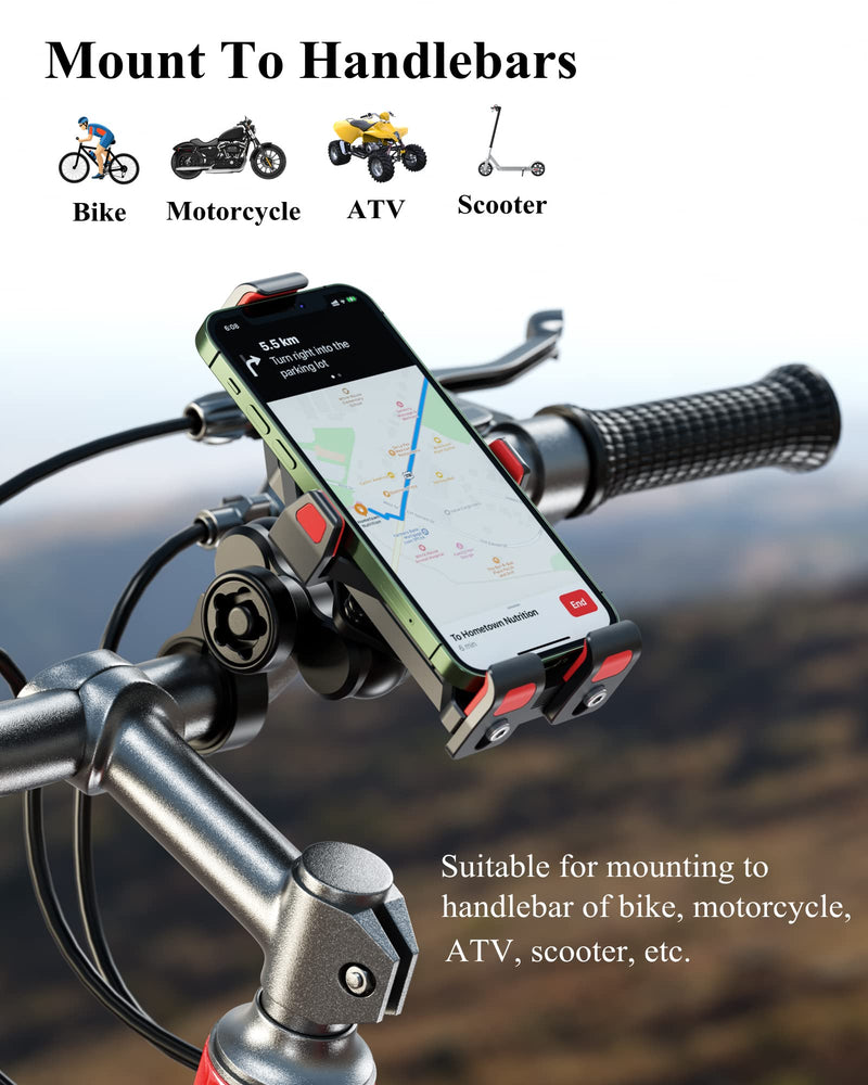 BRCOVAN Aluminum Alloy Motorcycle Phone Mount with Vibration Dampener & High-Speed Secure Lock, Anti-Theft Handlebar Cellphone Holder for Motorcycle Bike Bicycle Scooter ATV, for 4.7-7.2'' Smartphone BLACK