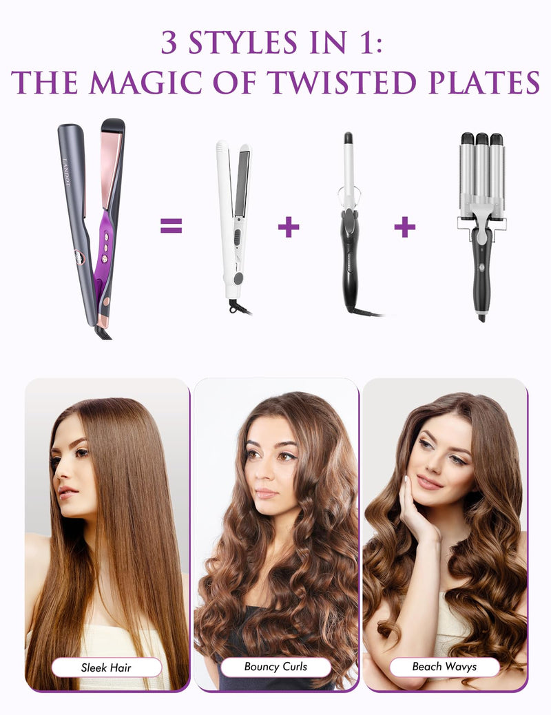  [AUSTRALIA] - LANDOT Hair Straightener and Curler 2-in-1, Twist Flat Iron, Dual Voltage | Curved Floating Ceramic Plates for Straighten Curl Wave, Sleek Frizz-Free Styling, Fast Heat-Up 120-230°C, Heat Resistant Mat Black