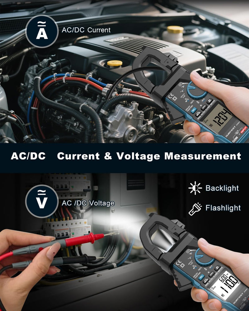 Clamp Meter DURFICST Digital Inrush Clamp Multimeter AC/DC 600A 6000 Counts Amp Voltage Tester with VFD, LOZ Mode，Measures AC/DC Current Voltage NCV Temperature Resistance Capacitance Frequency