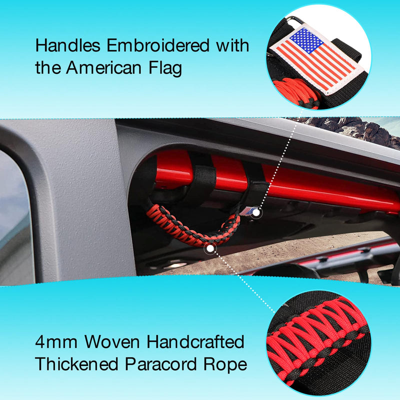 GAIZON 4 Pack Grab Handles Paracord Roll Bar for Jeep Wrangler Accessories CJ YJ TJ JL JK LJ JLU JKU Sahara Freedom Rubicon,Gladiator JT 1955-2023 Interior Accessories with America Flag(Red) Red