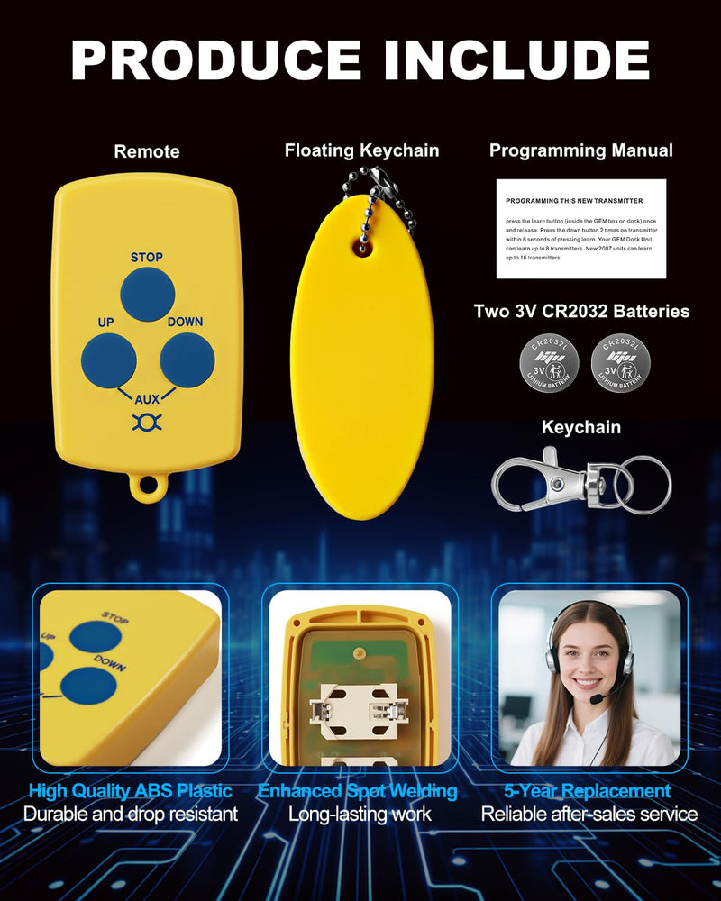 3-Button Boat Transmitter for Gem Wireless Boat Lift Systems Post-March 2007, 372MHz, 300FT Long Range, Water-Resistant & Floats, SP-7240, 5-Year Free Replacement