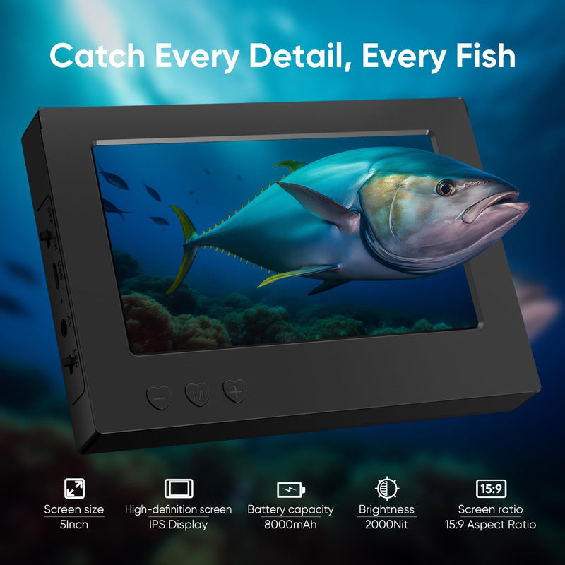 Underwater Fishing Camera 5 Inch, 1000TVL IPS Monitor Fish Finder, Wide Angle IP68 Waterproof, Infrared Night Vision with 65ft Cable for Ice, River and Boat-S26 S26