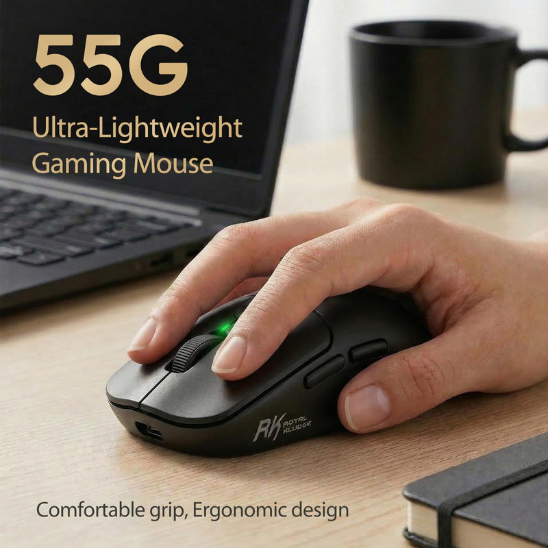 RK ROYAL KLUDGE MO1 Wireless Mouse, 55g Ultra-Lightweight Computer Mice, 6 Programmable Buttons, Quiet Click, 2.4GHz/Bluetooth/Wired, 6000 DPI Optical Sensor, Black