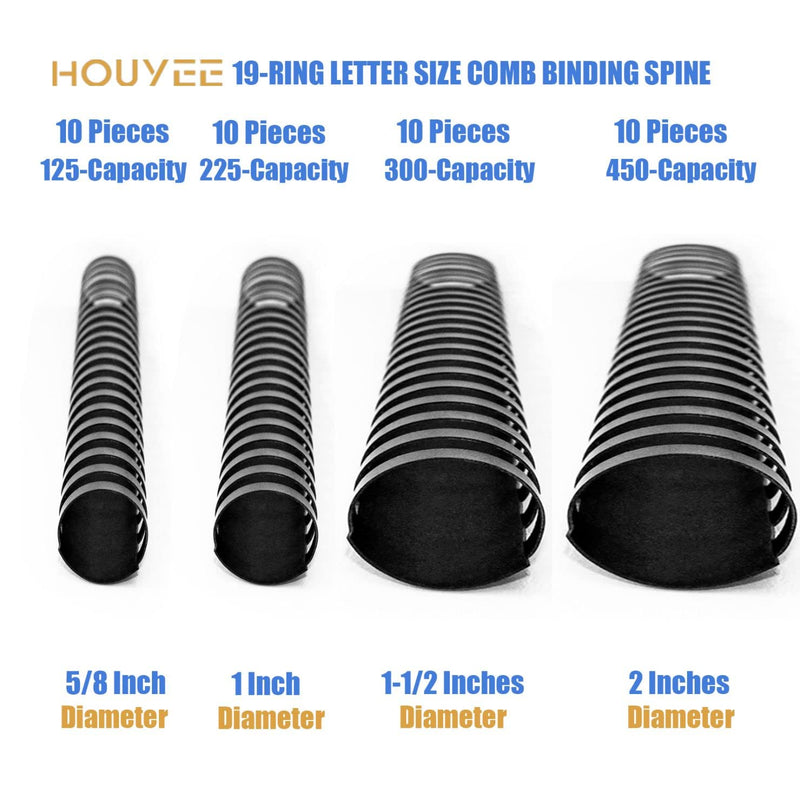 HOUYEE 40 Pack Multi-Size Ring Binding Combs: 5/8 Inch, 1 Inch, 1-1/2 Inch, Letter Size Black Plastic Spines Multi Size，40P