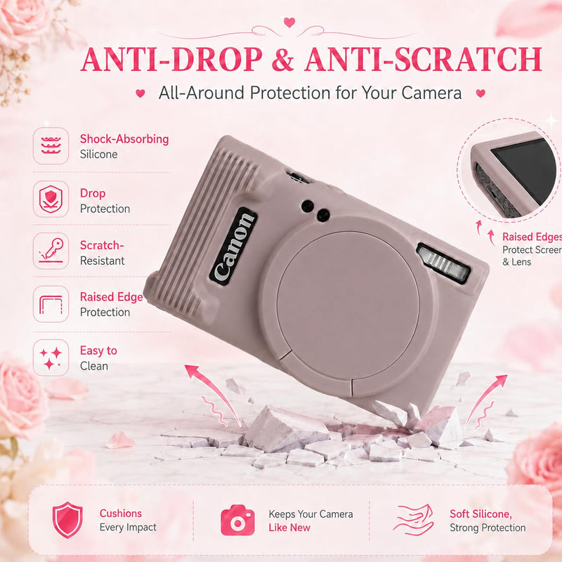 Case for Canon PowerShot ELPH 360 with 2-Pack Screen Protector | Removable Lens Cap Silicone Protective Cover with Cute Charm Wrist Strap for Canon ELPH 360 HS/IXY 650 - Mauve Canon PowerShot ELPH 360/IXY 650