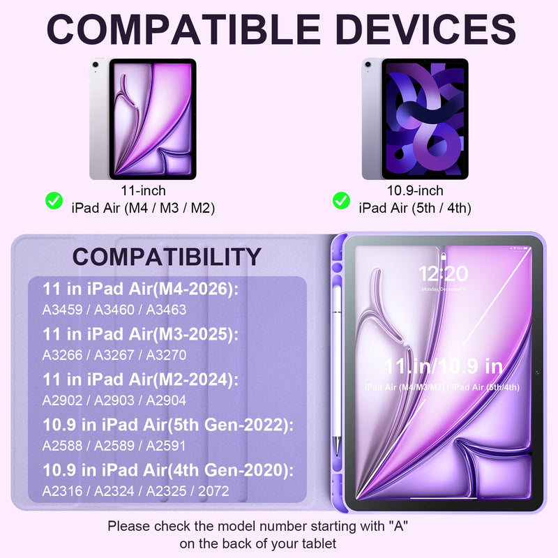 for iPad Air 11"/Air 5/4 Keyboard Case with Detachable Keyboard & Pencil Holder, Bonus Stylus Pen and Mouse, Folio Cover Compatible with Air 11" (M2/M3/M4 2024/2025/2026), Air 5/Air 4 (Purple) Purple