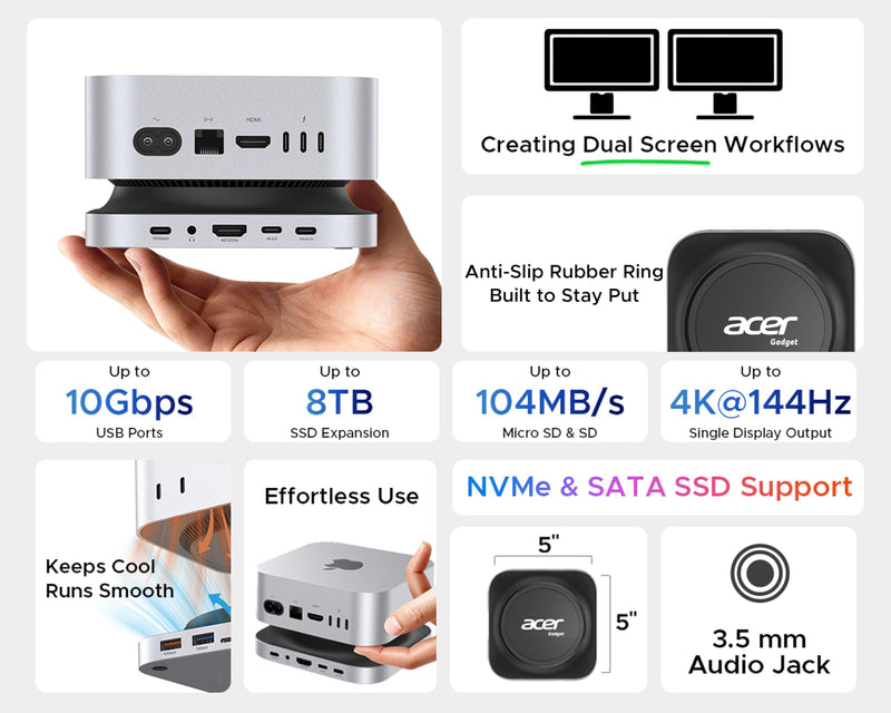 Acer Gadget Mac mini M4 Dock, 8TB M.2 NVMe/SATA SSD Enclosure & Stand, 4K@144Hz HDMI 2.1, 10Gbps USB-C & USB-A Hub, SD/TF Card Reader, 3.5mm Audio, Aluminum Docking Station for Mac mini M4 & M4 Pro Black
