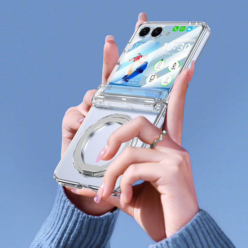 Designed for Z Flip 8 Case Clear Magnetic with Kickstand Hinge Protection | Compatible with MagSafe Slim Protective Phone Case with Screen Protector Plating Cover for Samsung Galaxy Z Flip 8 Clear B