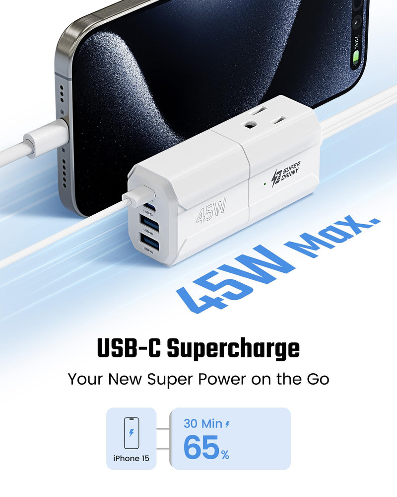 SUPERDANNY Detachable Travel Power Strip,45W USB Fast Charge,2 USB-C & 2 USB-A with 3 Outlets Flat Plug Extension Cord 5ft,Portable Charger for Travel Essentials for Travel Cruise Home, White 5 FT Upgrade Extension Cord with Adapter