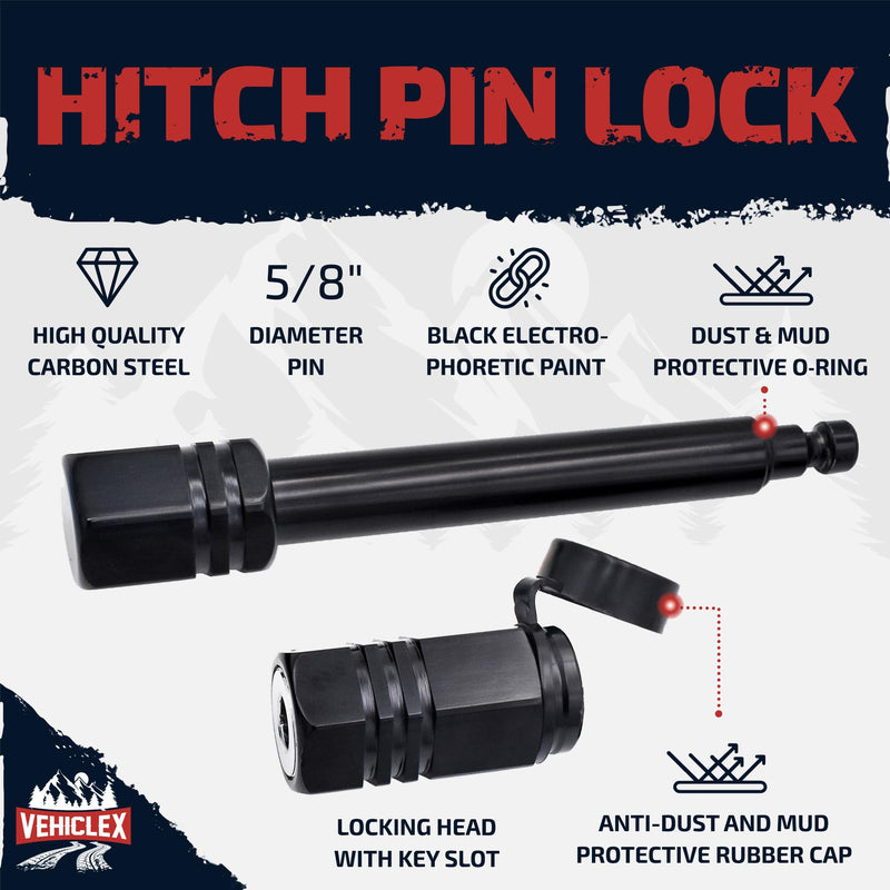 Trailer Hitch Pin Lock for 2" Receiver - Vehiclex Secure 5/8" Locking Pin for Class III, IV Hitch with Exclusive Tubular Key, Built Tough for Dust, Mud, and Thieves 2"-2.5"