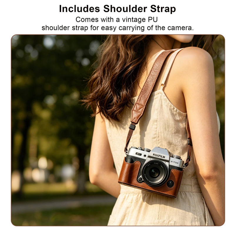 Carrying Case for FUJIFILM X-T30 III/X-T30 II/X-T30 Mirrorless Camera | Fujifilm X-T30 III/ X-T30 II Camera Half Leather Bag, Retro Style Camera Case (with Shoulder Strap, Screen Protector), Brown