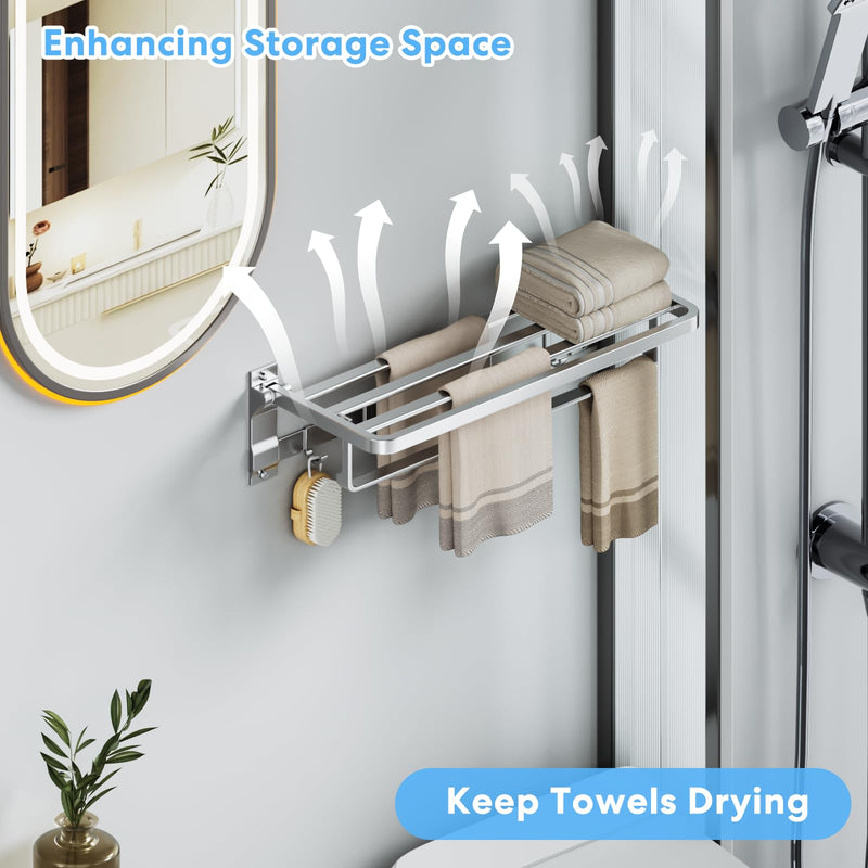 Foldable Wall Mounted Towel Rack, 23 Inch Rustproof Aluminum Towel Shelf with Bar & 5 Hooks, Space Saving Bathroom Organizer, Silver Matte Silvery