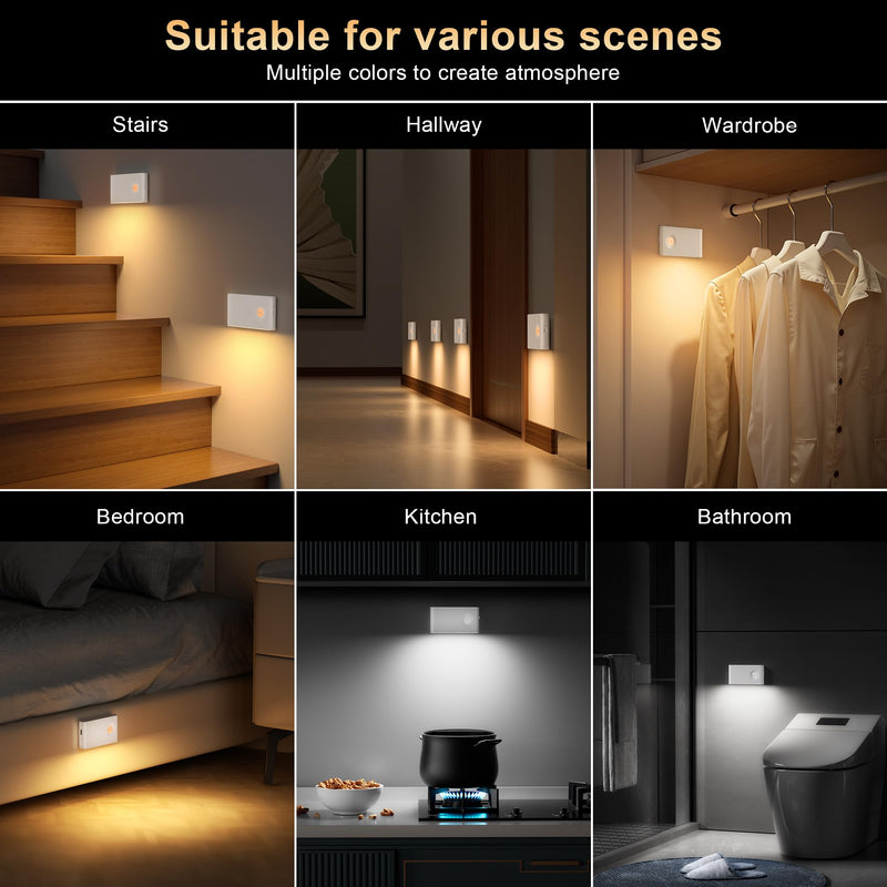 YiaMia Stair Lights Motion Sensor Indoor, 6-Pack Rechargeable Night Lights with 3 Color Modes, Wireless Under Cabinet Lighting for Stairs, Hallway, Kitchen, Bathroom 6 Pack