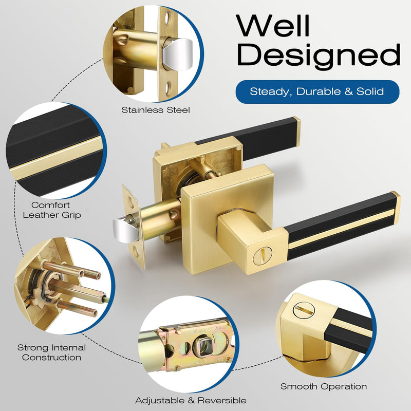 Gold Door Handle 1 Pcs, Privacy Door Levers with Black Leather Handle, Brass Interior Bedroom Bathroom Door Knob, Heavy Duty Privacy Bed/Bath Door Lockset, Reversible for Right/Left-Handed Door 1 Pack Privacy Door Handle - No Key