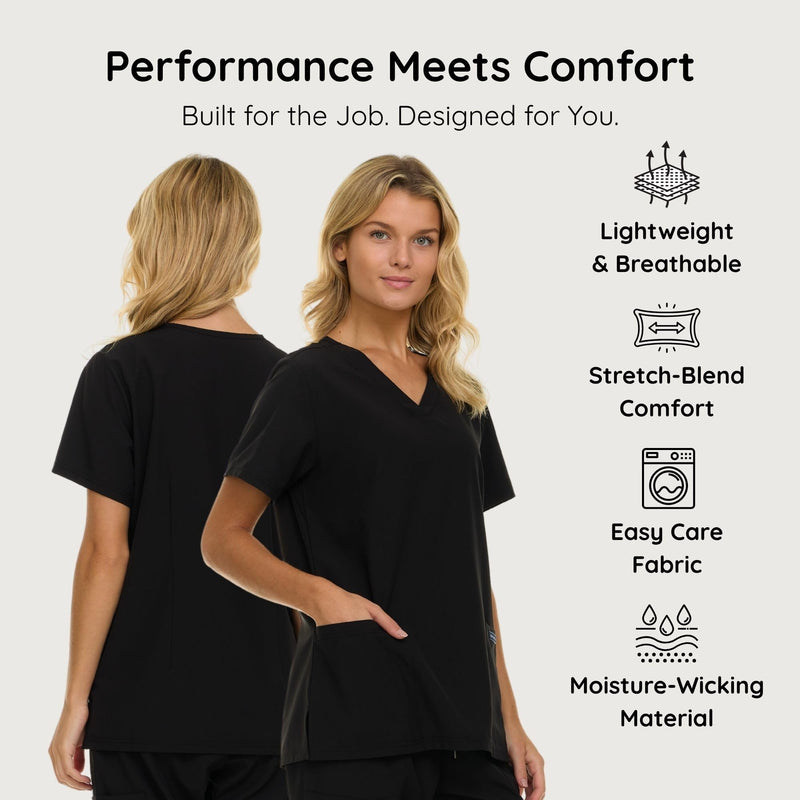Nautica Womens Scrubs Tops, 3 Pack V-Neck Breathable Scrub Tops Women, 3 Pocket Stretch Fabric Scrubs for Women 3 Pack Blk/Blk/Blk Medium