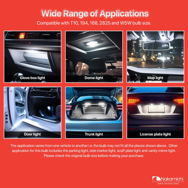 Nakamichi T10 LED Light Bulb 168 2825 194 W5W Wedge 18+1 SMD 3014 Chip LED Replacement Bulbs Error Free for Car Interior Dome Map Door License Courtesy Dash Lights (Xenon White, 19 LEDs, Pack of 2) Xenon White 19-LEDs