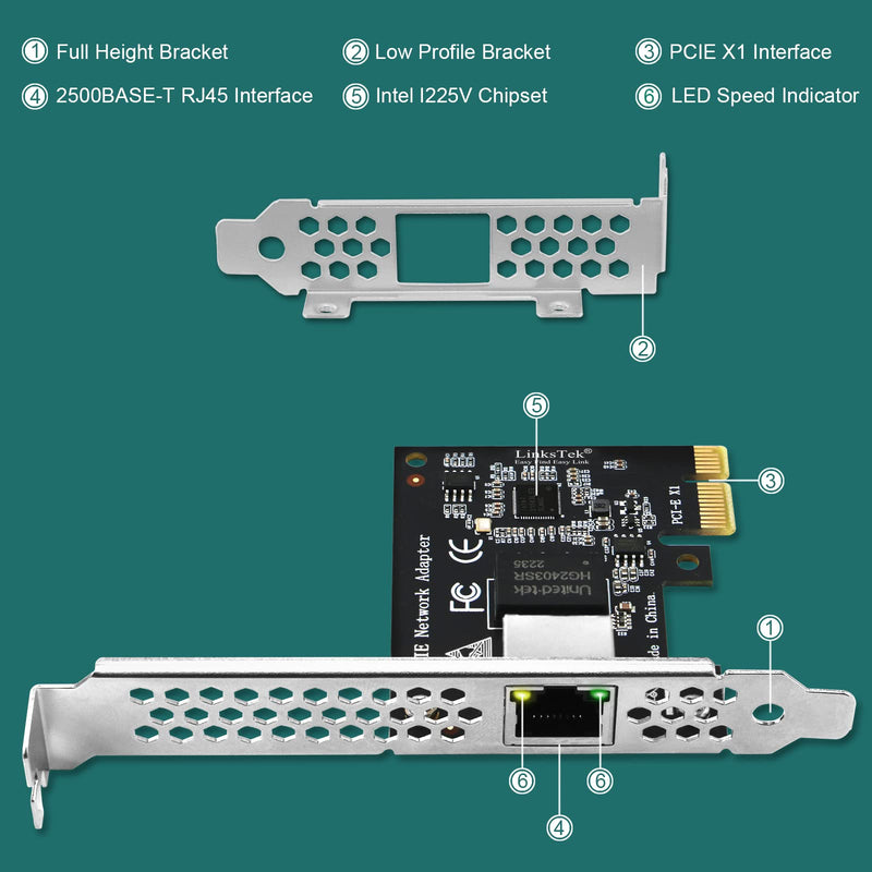 PCI Express X1 Interface to 2.5GbE RJ45 Ports Network Adapter for Windows 11, 10 64bit and Windows Server 2019, 2022, Intel I225V Ethernet Controller, 2.5GbE PCIE NIC Card (PCIE-I225) PCIE-I225