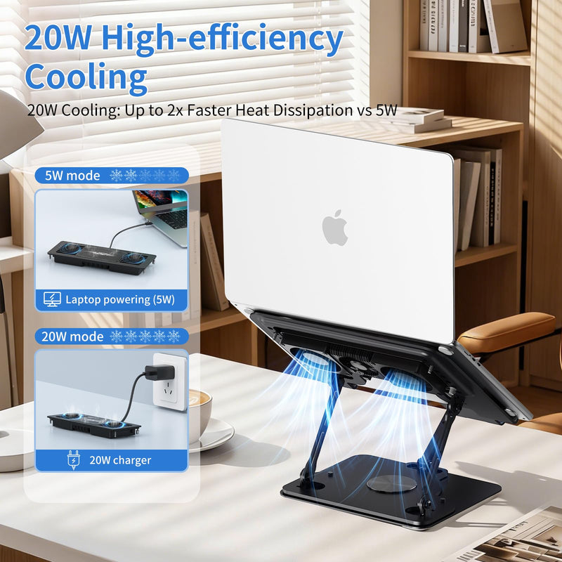 Laptop Cooling Pad with Detachable Fan & Cooler, 2-in-1 Laptop & Phone Stand, Adjustable Angle, 360° Rotatable Base, Carbon Steel, Ultra-Quiet & Super Sturdy for Laptop (Black) Black