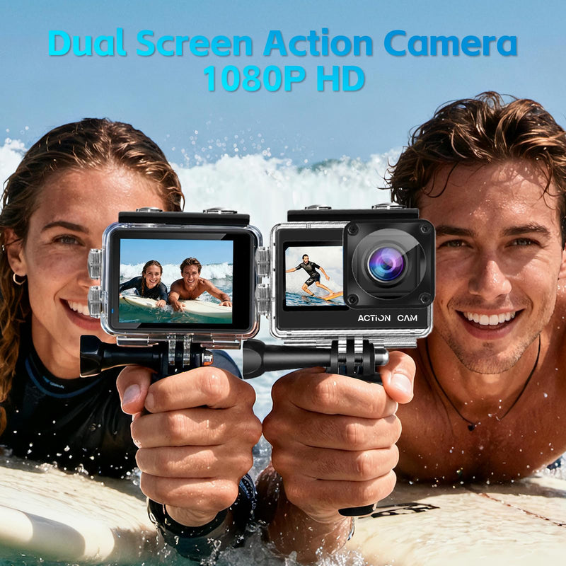 Dual Screen Action Camera, 1080P 16MP Waterproof Camera, Black | 40M Underwater Camera, with 2x1050mAh Batteries, 16GB Card & Full Accessories for Helmet, Bicycle,etc. 16.0 GB