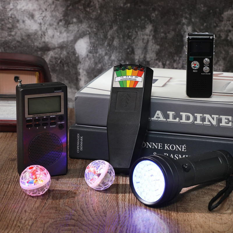 Saillong 7 Pcs Ghost Hunting Equipment Kit 1 Electromagnetic Paranormal Radiation Detector 1 Digital EVP Voice Recorder 1 Hand Held Radio 1 UV Flashlight 3 LED Light up Cat Balls, 8gb(Clear) Clear