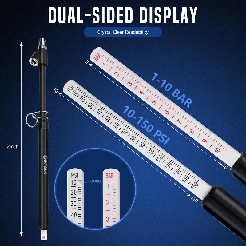 2-Pack Heavy Duty Dual Head Tire Pressure Gauge (10-150 PSI, 1-10 Bar) for Semi Trucks, RVs, Cars, Motorcycles - 12 Inch