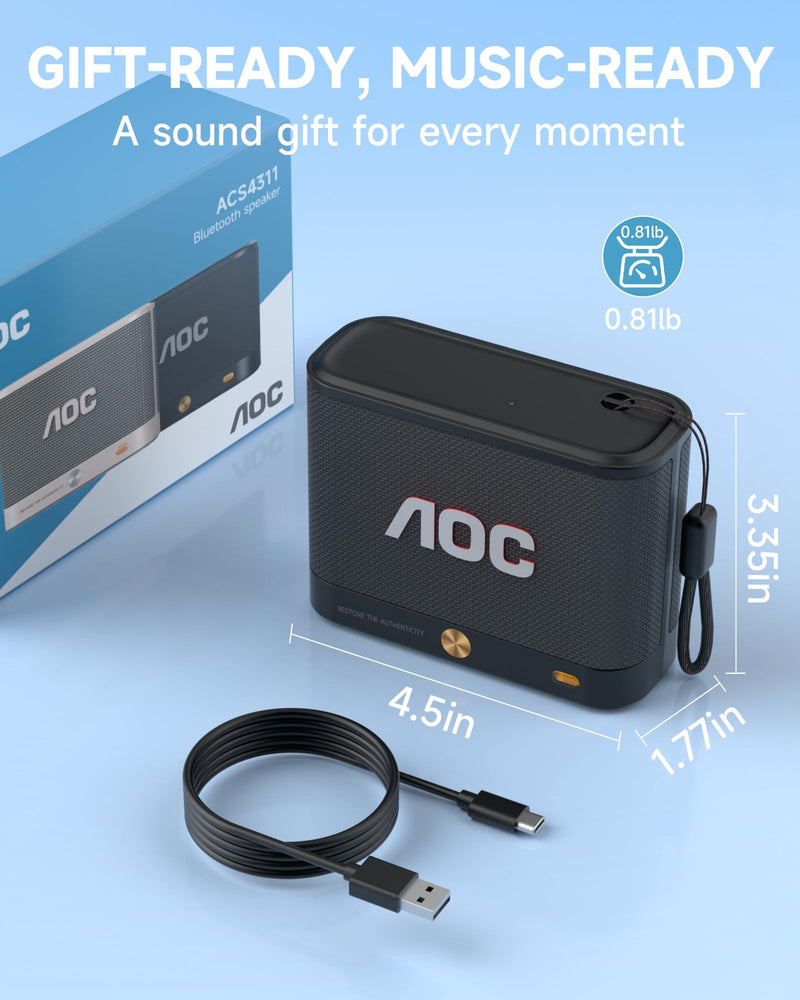 AOC Portable Bluetooth Speaker, Shower Speaker, BT 5.4 with Wireless Stereo Pairing, BassUp, IP65 Waterproof, Dustproof, 30-Hour Playtime, Compact Small for Home, Outdoors, Black