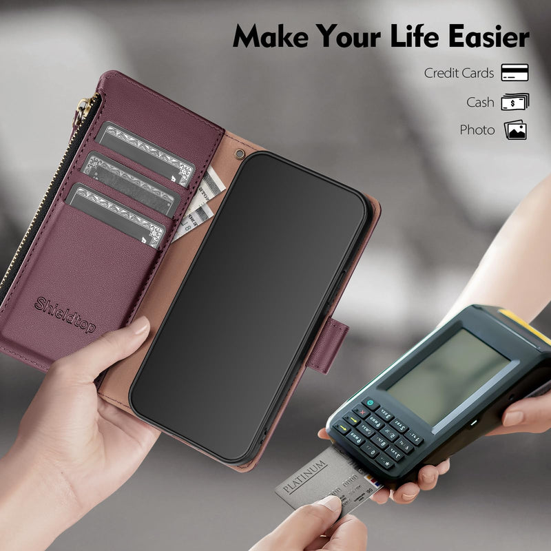 Shieldtop Compatible with Google Pixel 10a Wallet Case with Card Holder,Women Men RFID Blocking PU Leather Phone Case Flip Protective Cover Wrist Strap Zipper Credit Card Slots,Wine Red Pixel 10a - 6.3" Wine Red