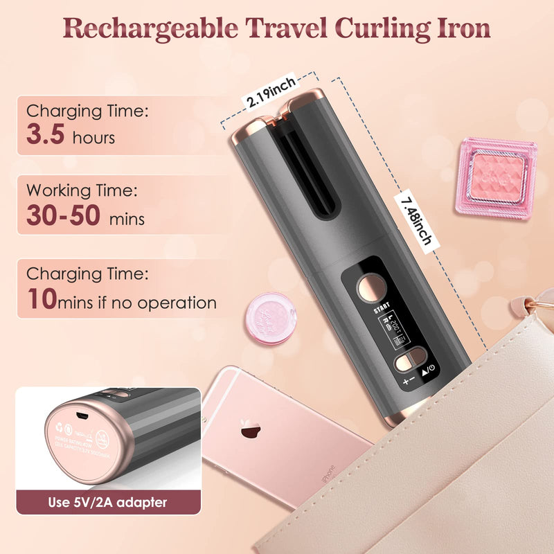 Cordless Hair Curler, Automatic Curling Iron Ceramic Rotating Hair Curler 6 Temperatures & Timer Settings 5000mAh Rechargeable Hair Curling Iron Wand for Curls Waves Anywhere (Bla) Bla