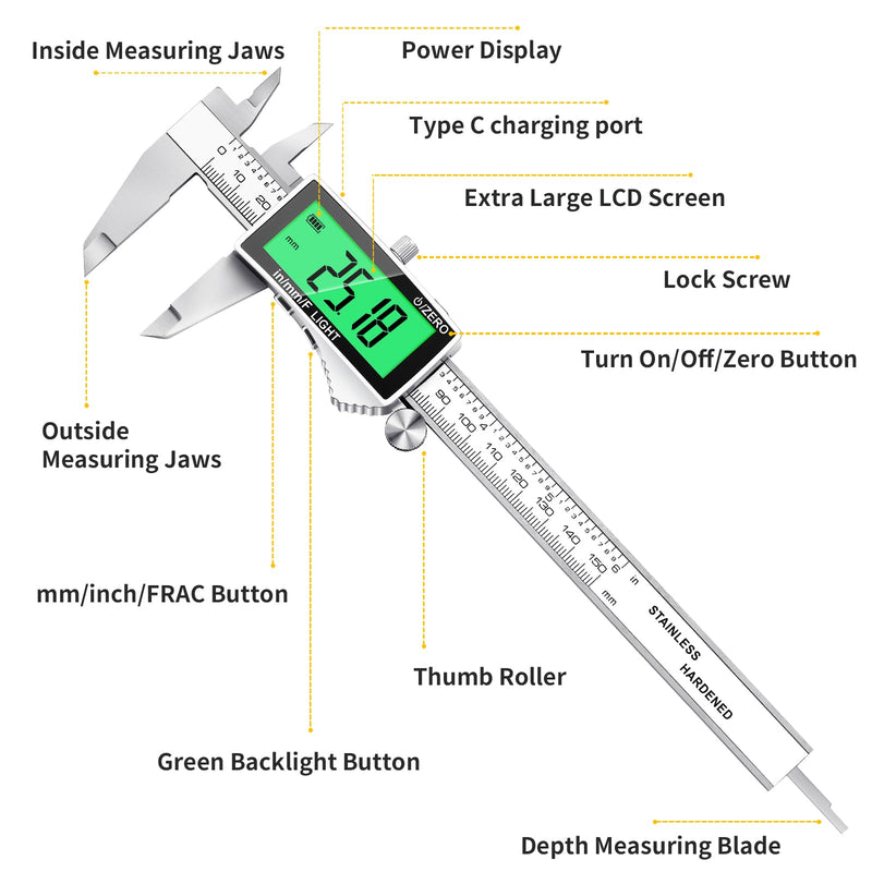 Rechargeable Digital Caliper 6 Inch, Stainless Steel Vernier Dial Calipers Measuring Tool - Backlit Large LCD Display, Inch/MM/Fraction, Auto-Off Micrometer for DIY, Household, 3D Printing