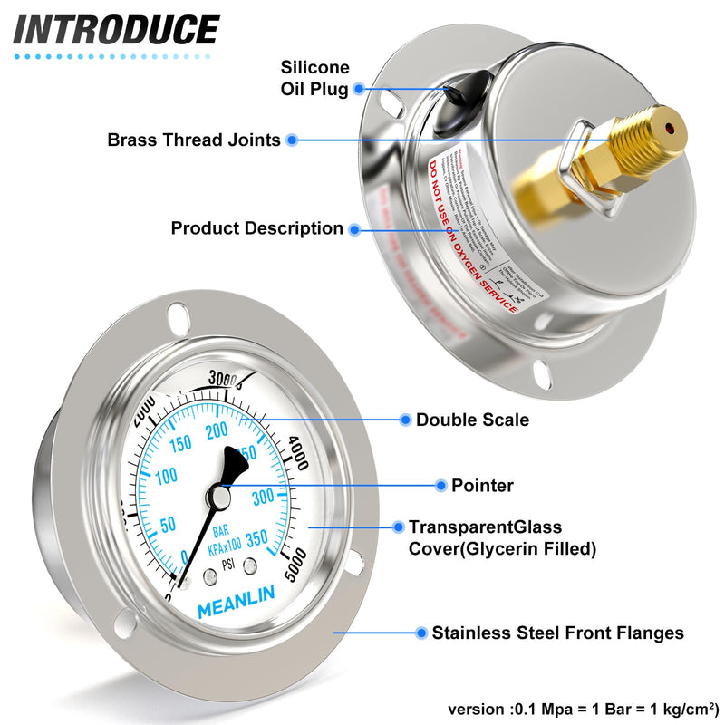 MEANLIN MEASURE 0~5000Psi Liquid Filled Pressure Gauge Front Flange Panel Mount, 1/4" NPT 2.5" FACE DIAL Stainless Steel Case with Phillips Screw, Nut and Brass Hex Bushing, +/-3-2-3%