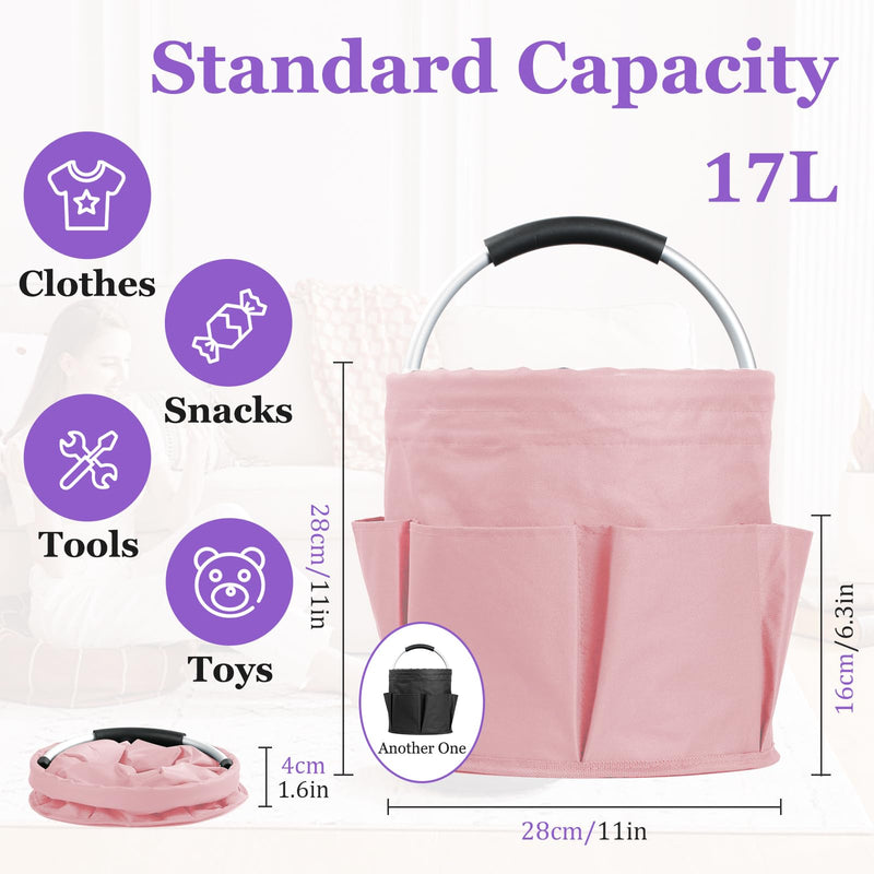 2Pack 17L Foldable Cleaning Supply Caddy for Family, Portable Shower Caddy with Handle and Pockets, Garden Tool Bag in 600D Oxford Fabric, Large Storage Basket for Dorm, Travel, Black + Pink 2PCS