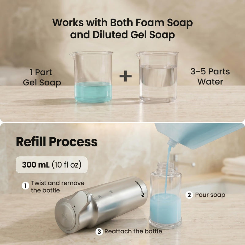 CrystalJet Automatic Foam Soap Dispenser – Stainless Steel, Touchless Sensor, USB-C Rechargeable, Waterproof, Modern Bathroom & Kitchen Sink, 300 ml Silver