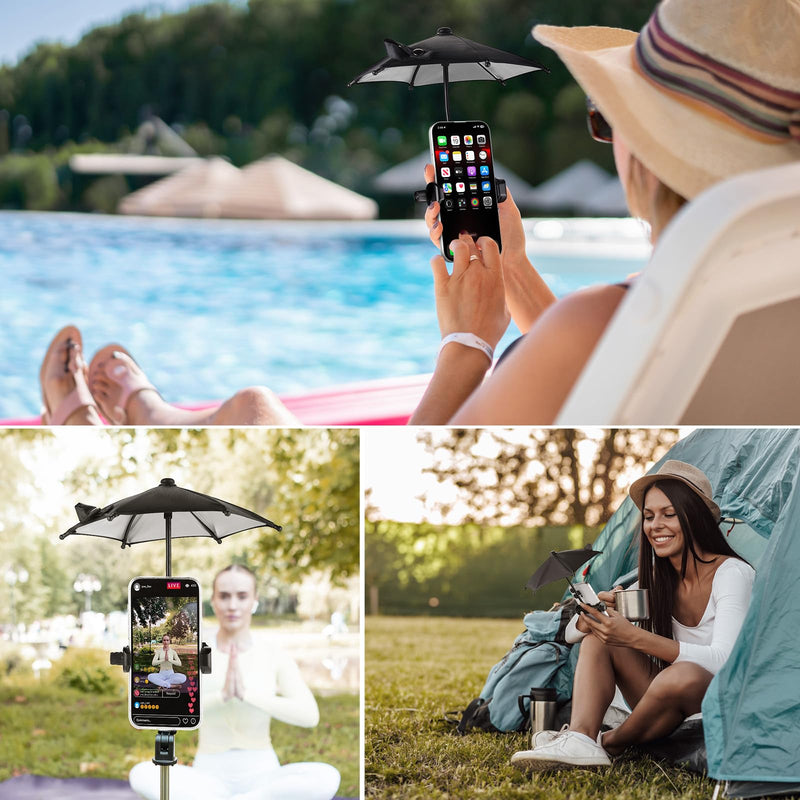 OUTXE Strong Clip Phone Umbrella for Sun, Mini Tanning Shade Cover for Cell iPhone/Android (Black) 2-Pack