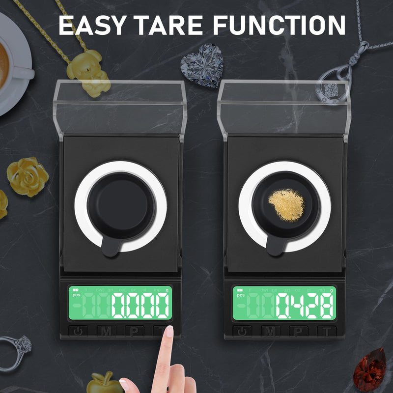 Portable Milligram Scale 100g/0.001g, Diyife Rechargeable Gram Scale with 8 Units, High Precision Powder Scale with Cover, Backlit LCD, Batteries/Tray/Tweezers/100g Calibration Weight Included
