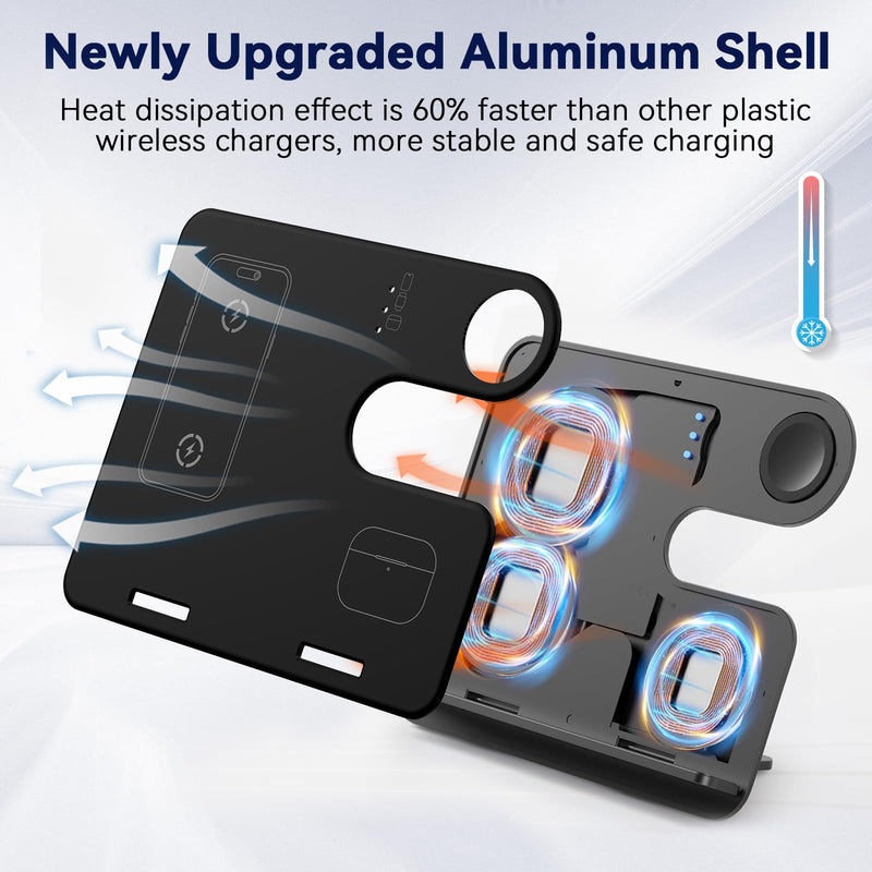 3 in 1 Aluminum Alloy Wireless Charger for iPhone: 18W Foldable Wireless Travel Charger for iPhone 15 14 13 12 - Detachable Sleep Friendly Charging Station for Apple Watch AirPods 2/3/Pro 2