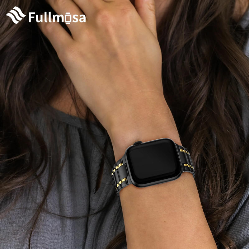 Fullmosa Compatible Metal Apple Watch Bands 41mm 40mm 38mm 49mm 45mm 44mm 42mm, Stainless Steel iWatch Band with Case for Apple Watch Series Ultra 9 8 7 6 5 4 3 2 1 SE,38mm 40mm 41mm Black and Gold 38mm/40mm/41mm