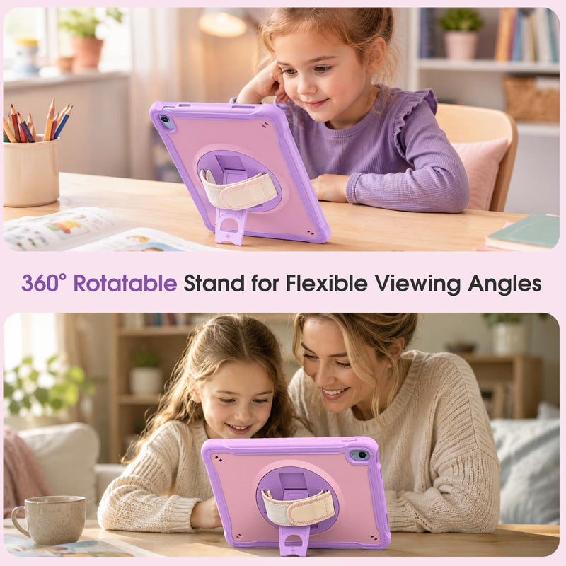 ProCase Kids Case for iPad A16 11th Gen 11" 2025/iPad 10th Gen 10.9" 2022 with Screen Protector, Fully-Body Shockproof Rugged Protective Cover with Rotatale Stand Hand/Shoulder Strap -Purplepink Purplepink