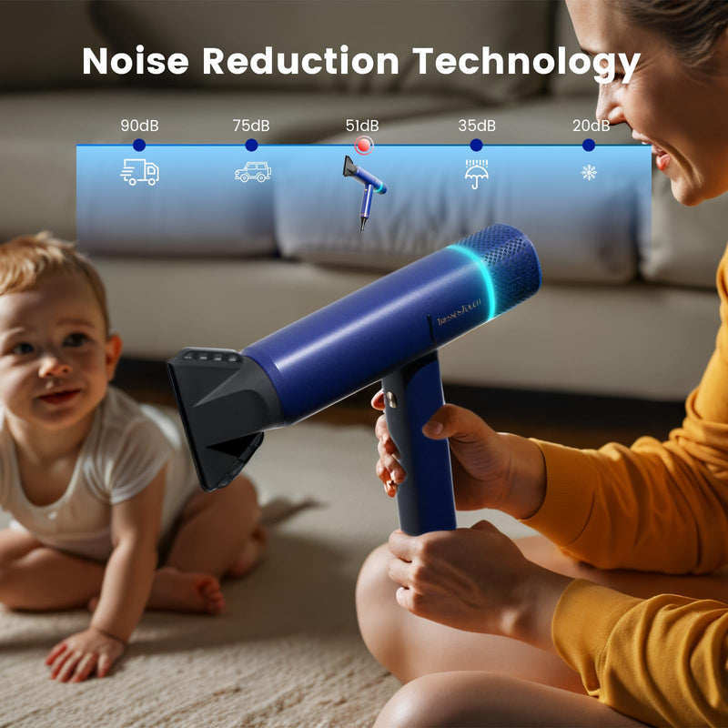 Hair Dryer Ionic Hairdryer, High Speed Blow Dryer with Diffuser for Women & Men, Fast Dry with 3 Temps/2 Speeds, Cold Shot, Lightweight for Home Travel, Even Heat, Anti Frizz, Low Noise, Blue