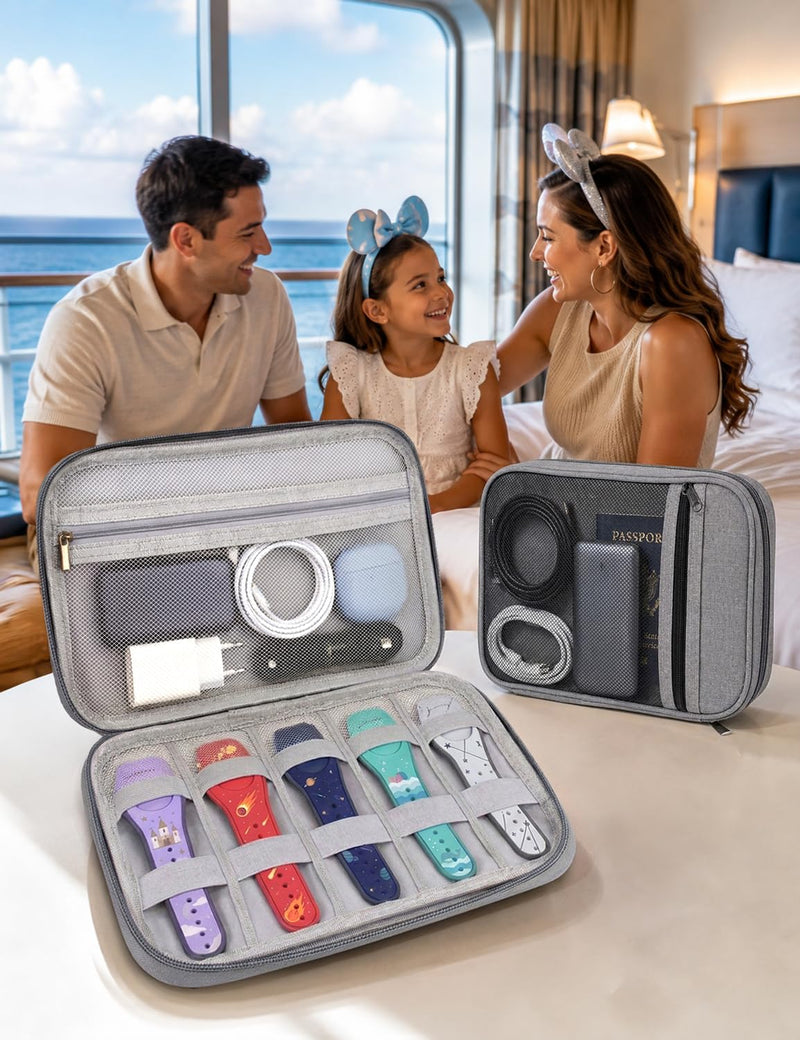 MagicBand 1 2 Plus Travel Case 5 Slot Reinforced Magic Band Organizer Gray | Exterior Zippered Mesh Pocket Charger Storage Small Accessories Cable Management Portable Carrying Easy Access Vacation Gear