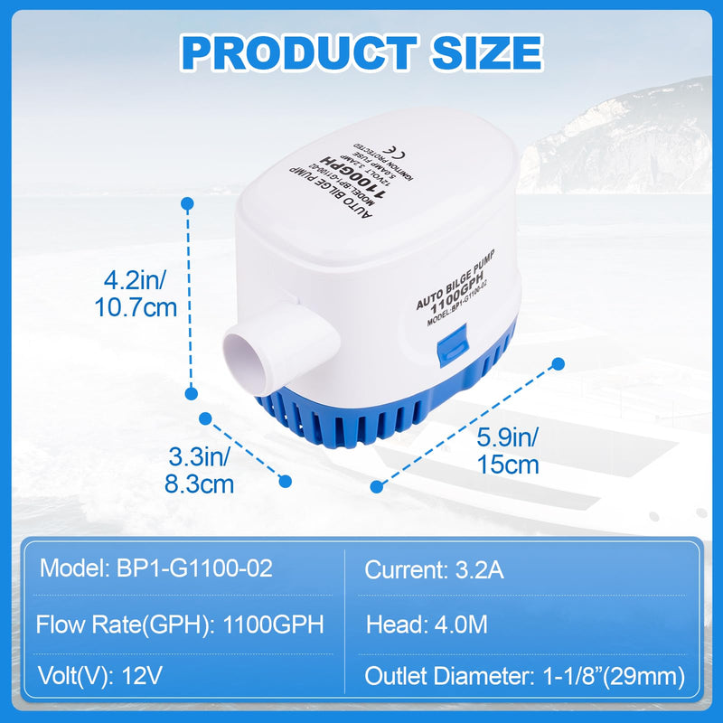 Luney Automatic Bilge Pumps for Boats 12v 1100GPH, Submersible Small Boat Bilge Pump with Float Switch, 1-1/8”(1.14IN or 29MM) Outlet Dia., 39IN 18AWG Wire(Blue)