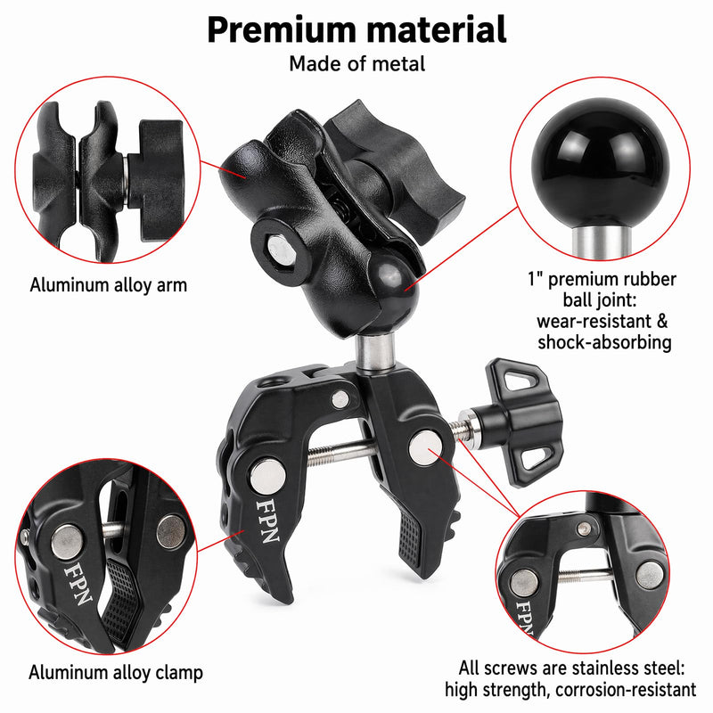 Aluminum 1" Ball Clamp Mount Base with Short Double Socket Arm, Fits Handlebar Rails 0.5 to 1.77" in Dia, Compatible with RAM Mounts and Motorcycle/Bike Phone Holder
